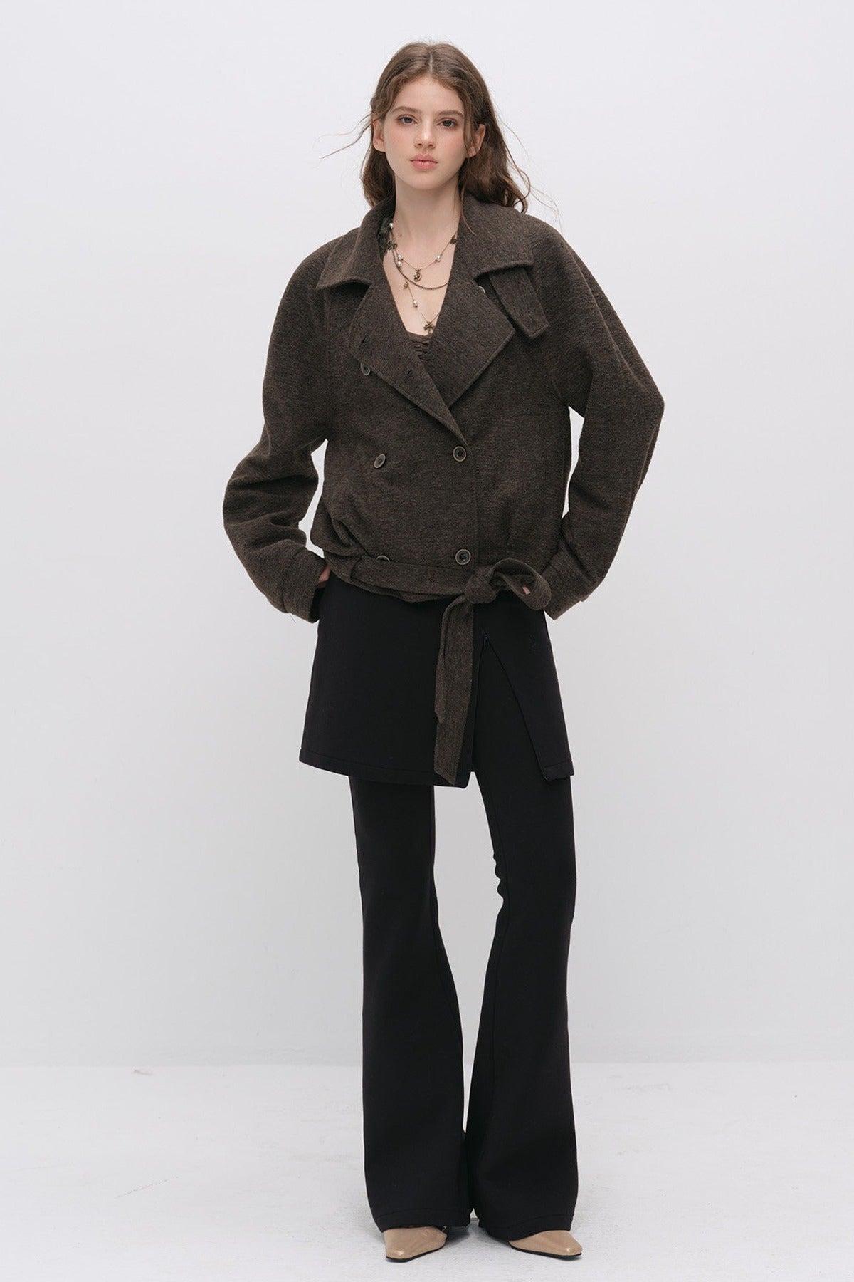 Layered-Look Slit Skirt-Style Flared Pants