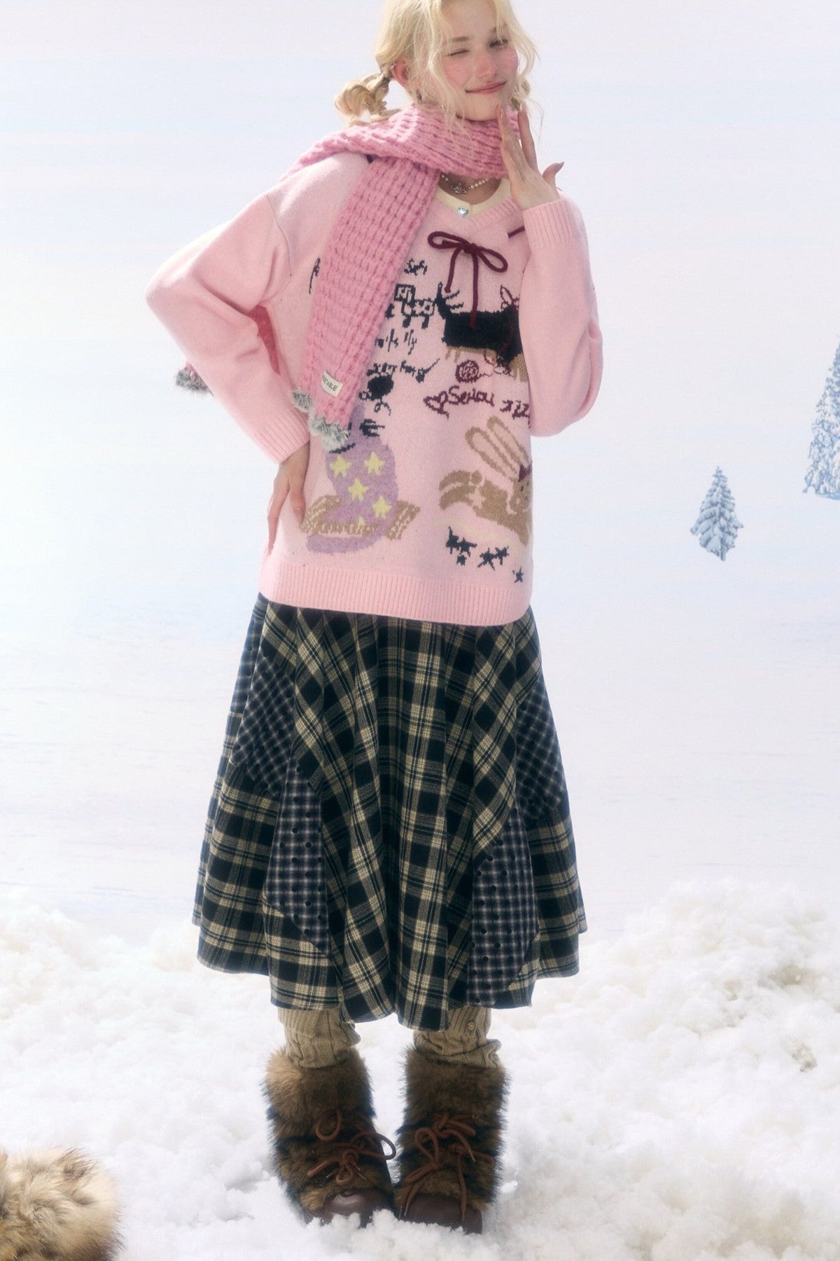 Pink Cartoon Print V-Neck Sweater