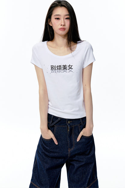 Rhinestone Text Print White T-Shirt