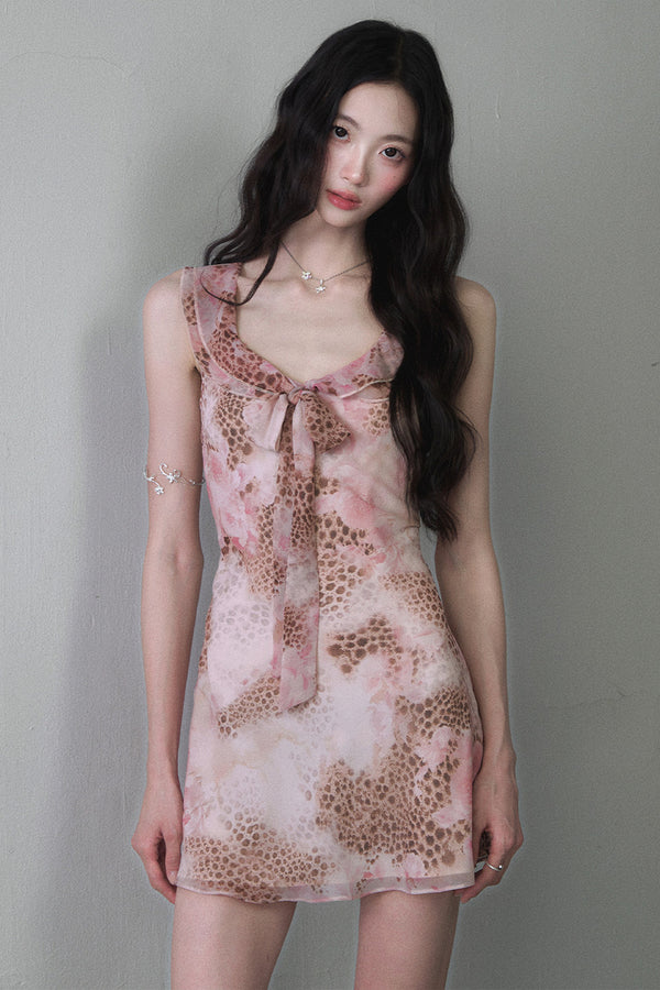 Pink Leopard Print Bow Tie Mini Dress