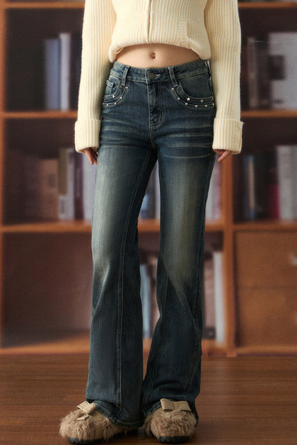 Low-Waist Star-Stud Flared Jeans