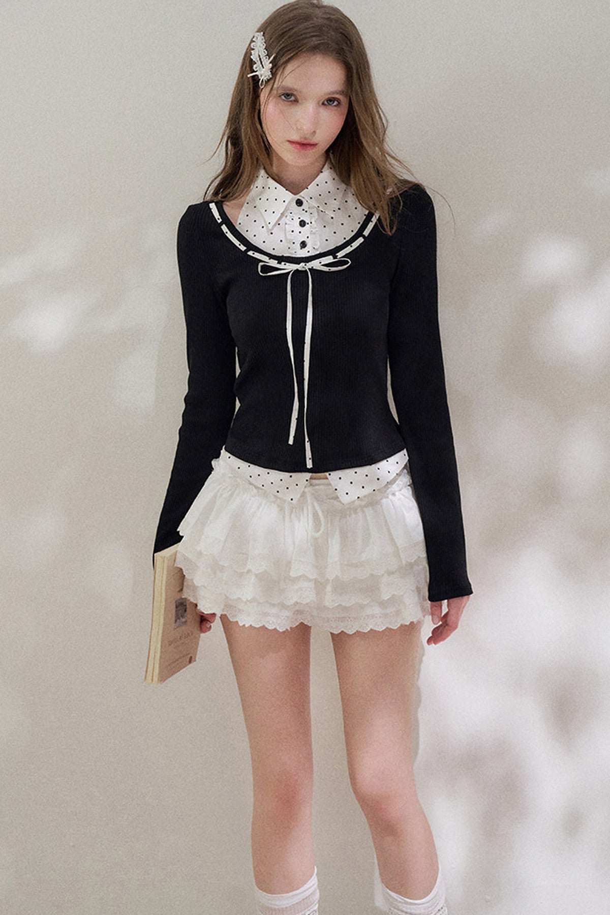 Black Halter Polka Dot Layered Blouse