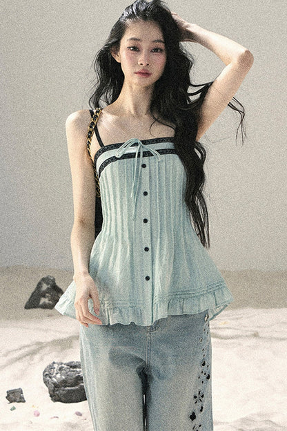 One-Shoulder Ruched Lace Camisole
