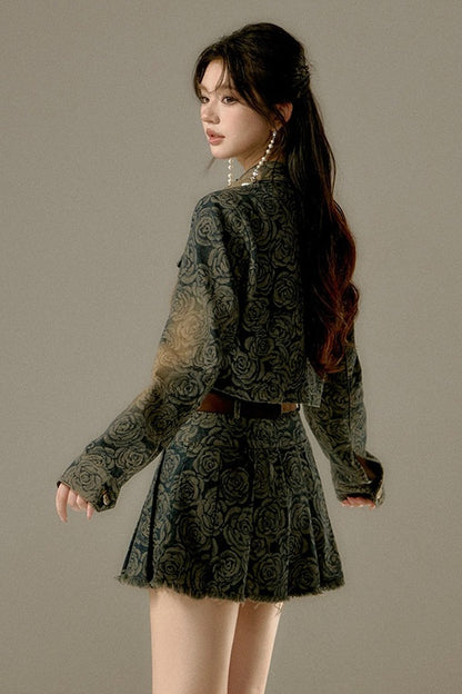 Floral Denim Skirt With Belt