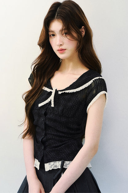 Blusa retrò blu navy a pois