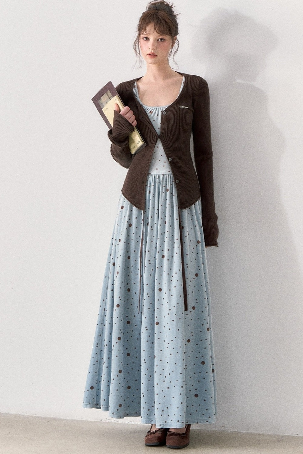 Slim Fit Polka Dot Dress and Knit Cardigan