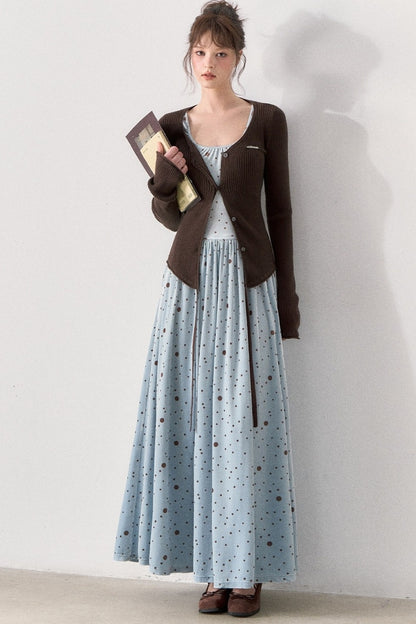 Slim Fit Polka Dot Dress and Knit Cardigan