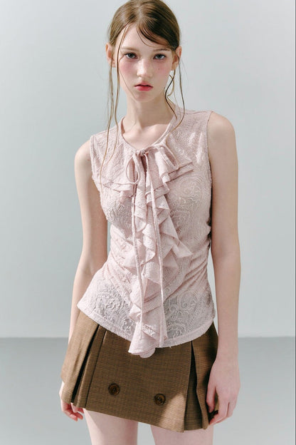 White Peach Wool Lace Ruffle Vest