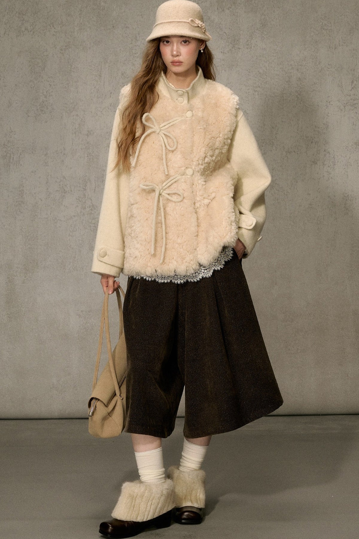 Fluffy Layered-Look Mid-Length Woolen Jacket