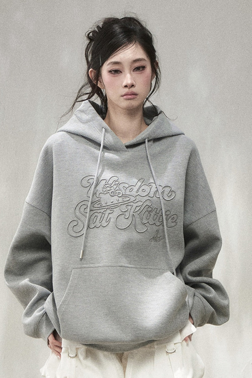 3D Embroidered Cat Waffle Hooded Sweatshirt