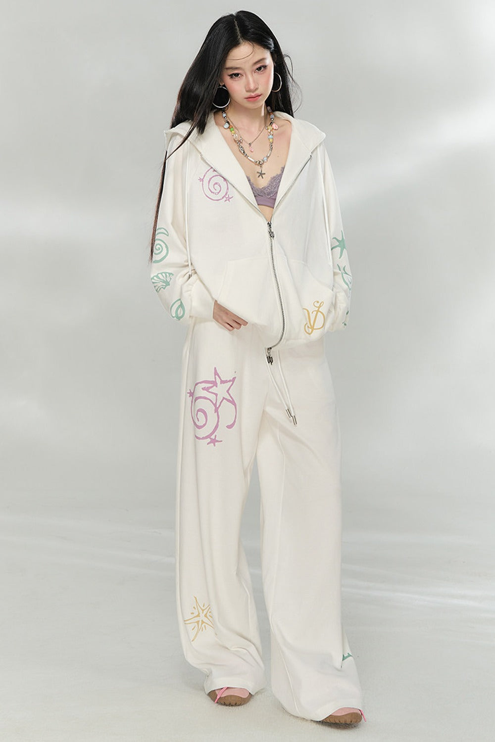 Waffle Knit Print Sweatshirt and Pants Set-Up
