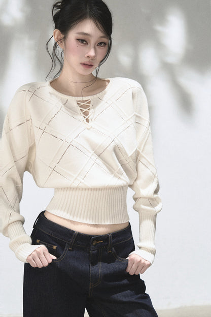 Lace-Up V-Neck Knit Top