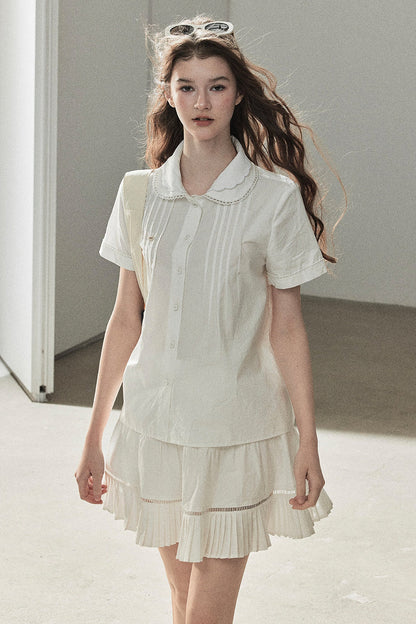 White Pleated Shirt And Skirt Set-Up