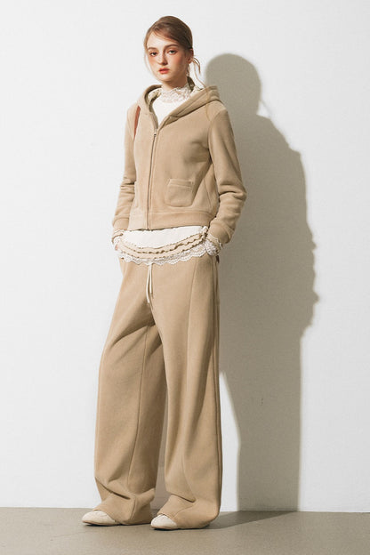 Oatmeal Fleece Hooded Sweatshirt Jacket and Wide-Leg Pants Set-Up