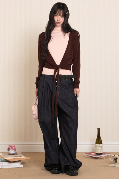 Layered High-Neck Vest and Tie-Up Cardigan Set-Up