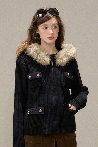 Hooded Ribbed Stripe Knit Cardigan