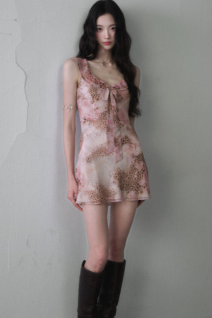 Pink Leopard Print Bow Tie Mini Dress