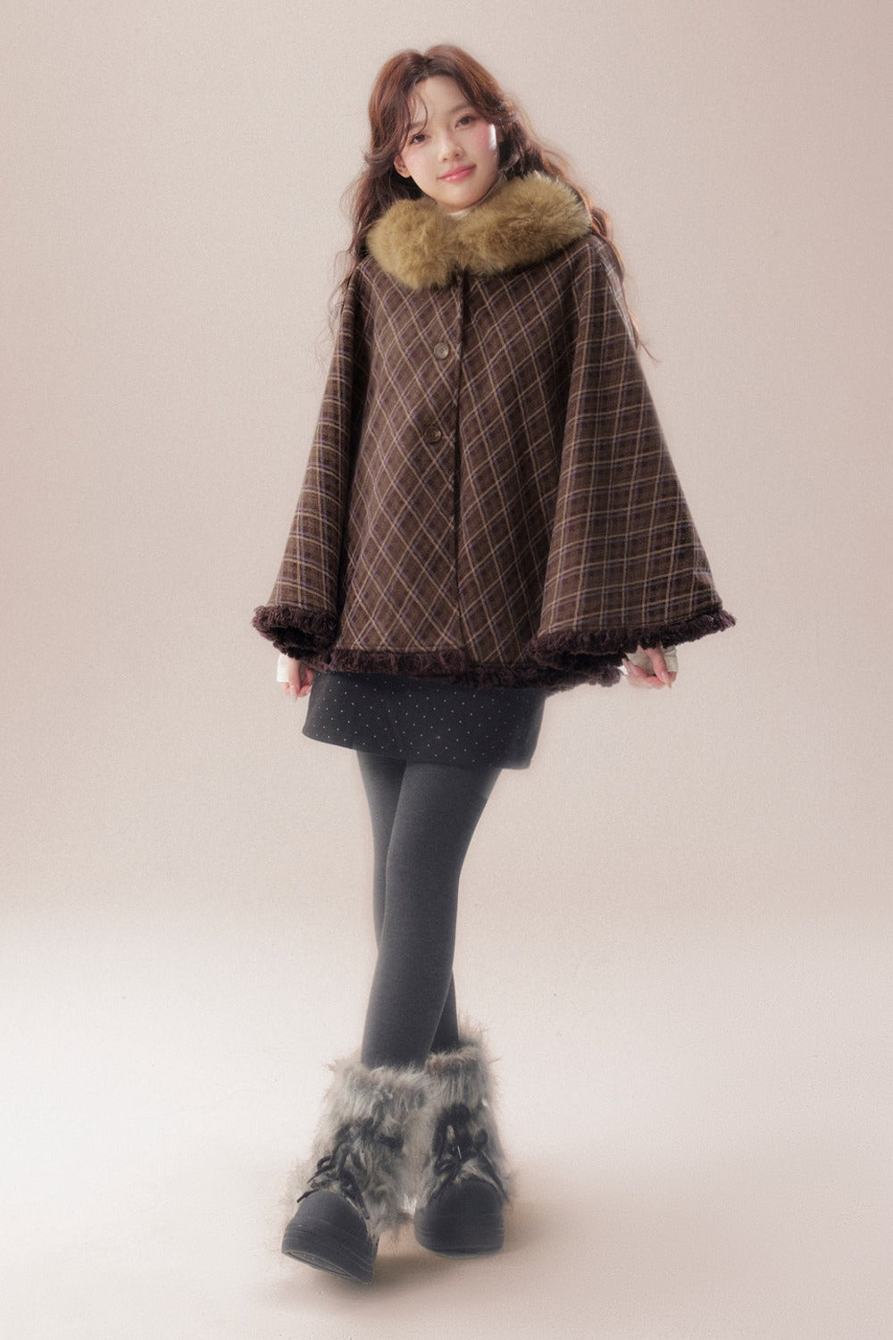 Plaid Fur Collar Hooded Shawl Cape