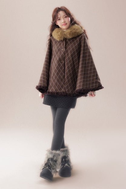 Plaid Fur Collar Hooded Shawl Cape