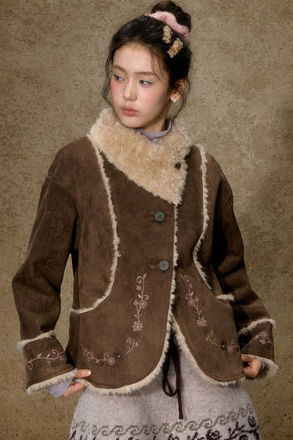 Embroidered Branch Snow Faux Suede Jacket