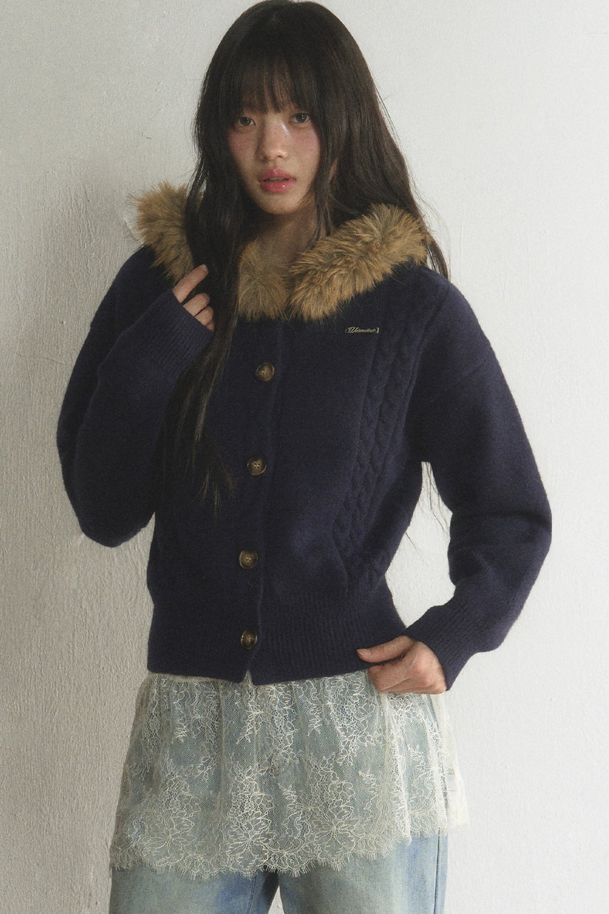 Fur Collar Hooded Cable Knit Cardigan Set-Up
