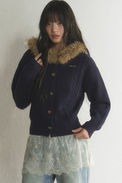 Fur Collar Hooded Cable Knit Cardigan Set-Up