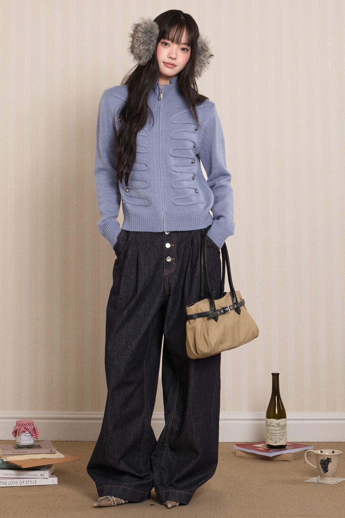 Napoleon Style Zipper Knit Cardigan