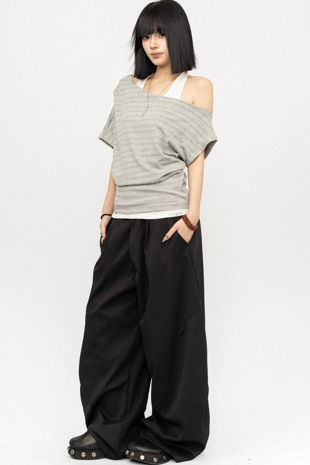 Retro Striped Halter Off-Shoulder Top