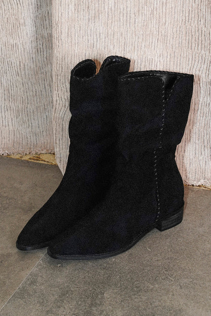 Woven Pointed Toe Chunky Heel Short Boots