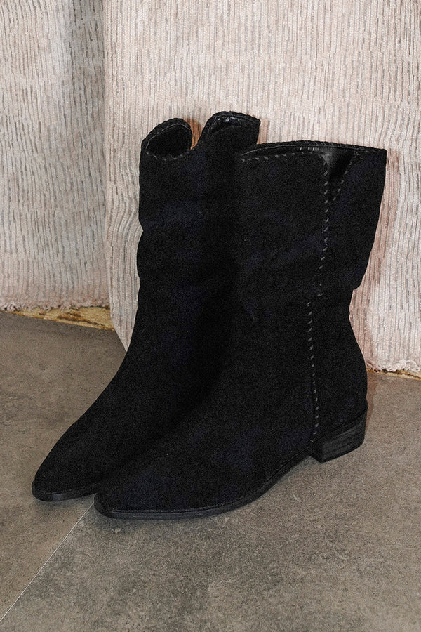 Woven Pointed Toe Chunky Heel Short Boots