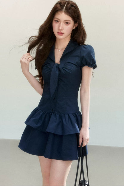 Navy Plaid V-Neck Dress