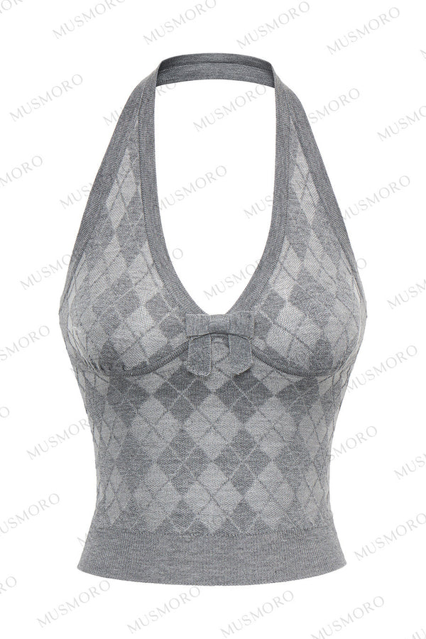 Grey Argyle Knit Cardigan With Camisole Set-Up