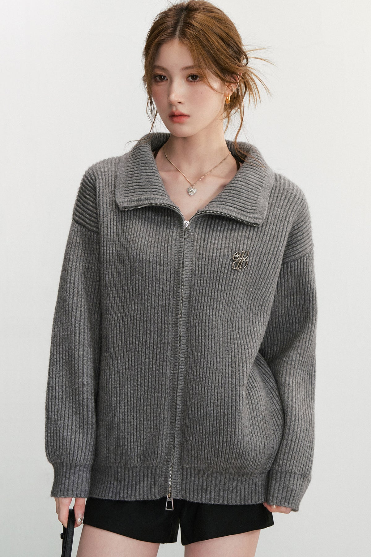Grey Textured Zipper Knit Jacket
