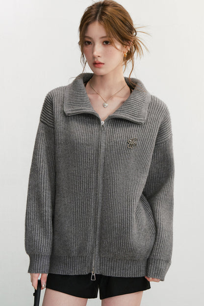 Grey Textured Zipper Knit Jacket