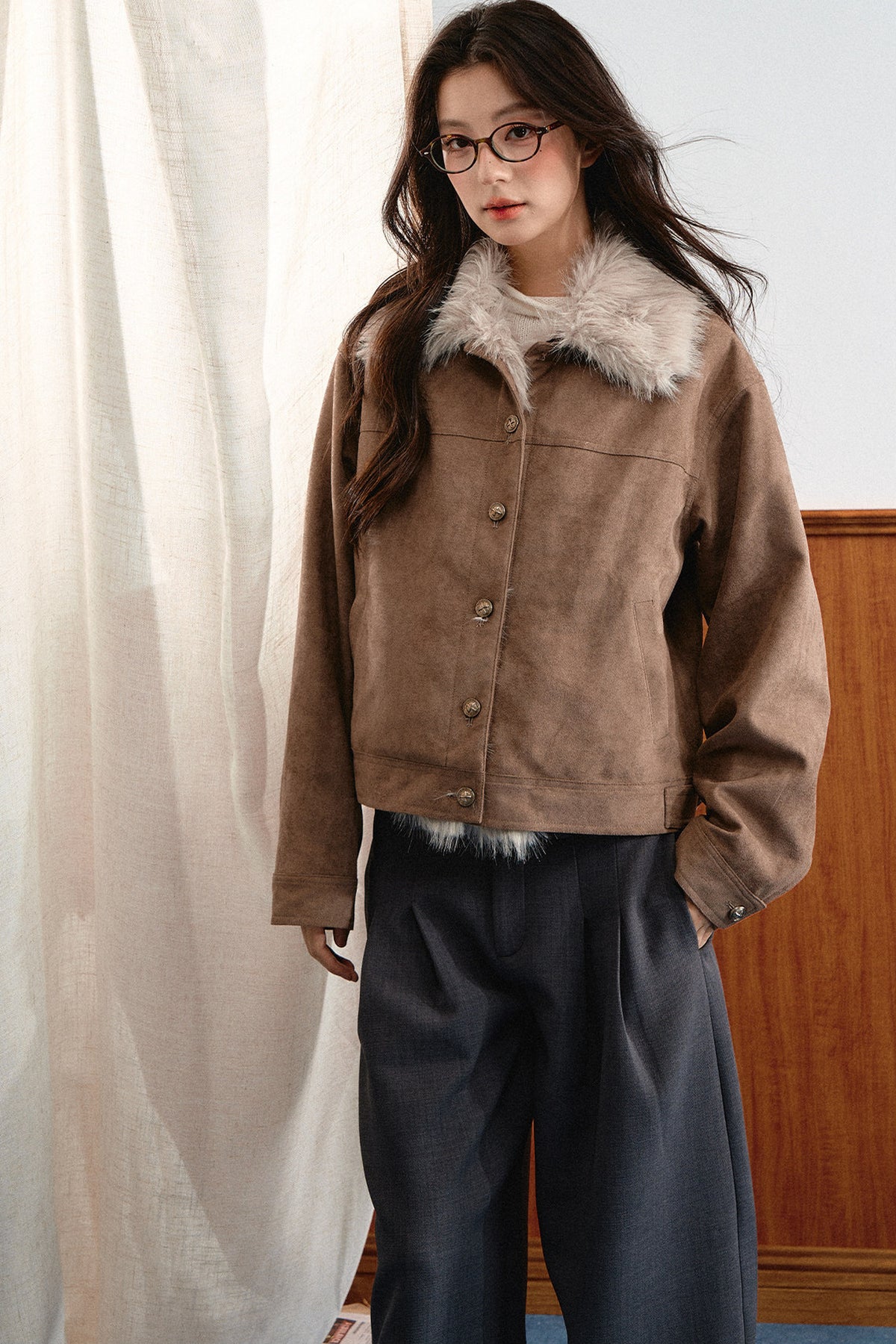 Khaki Brown Short Fur Coat
