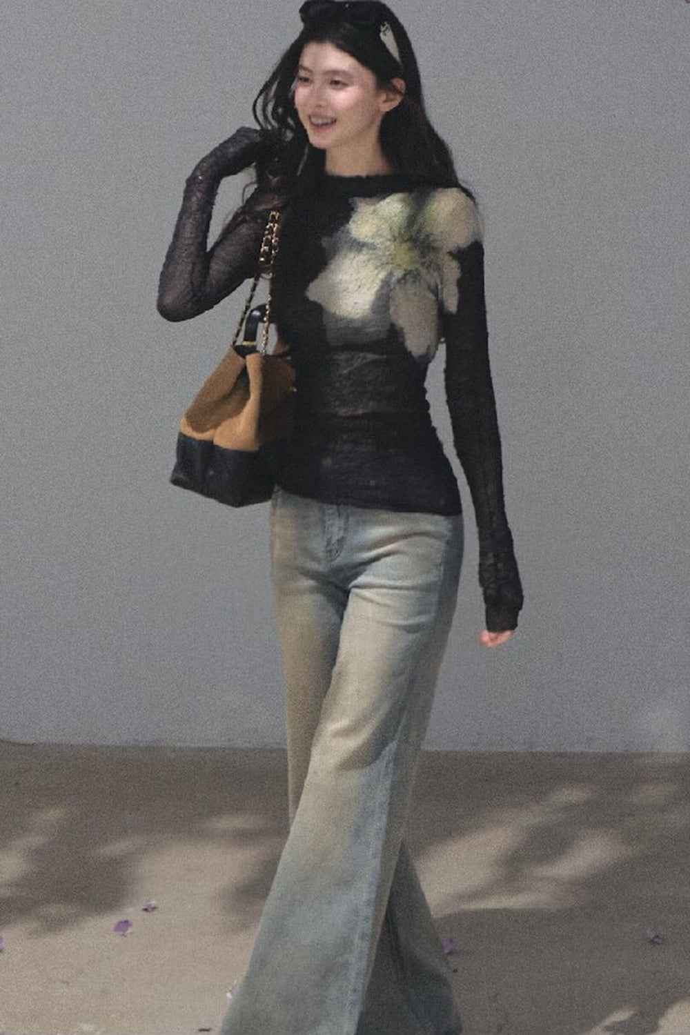 Salt-Washed Gradient Loose Wide-Leg Flared Jeans