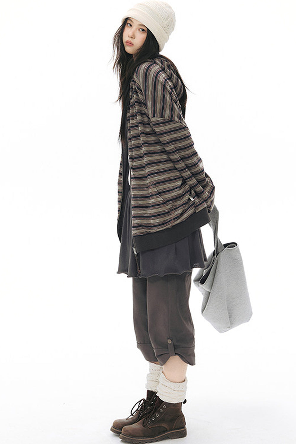 Reversible Striped Hooded Knit Cardigan