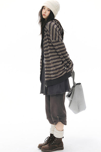 Reversible Striped Hooded Knit Cardigan