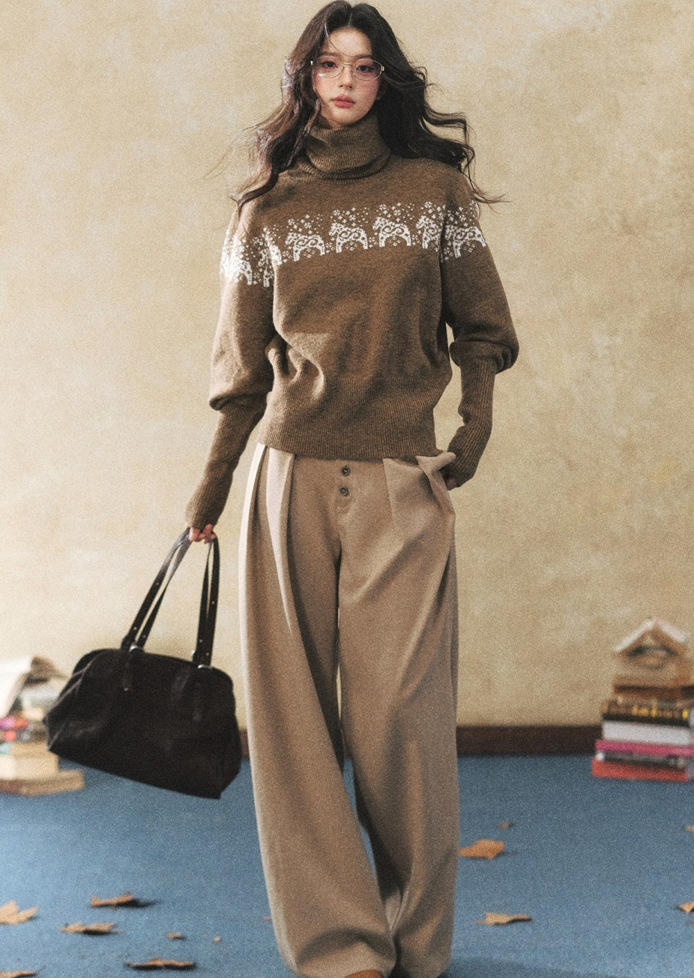Khaki Wide-Leg Casual Pants