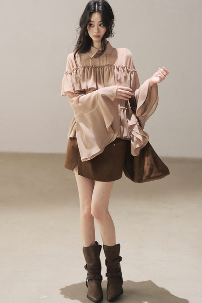 Ruffled Chiffon Polo Blouse