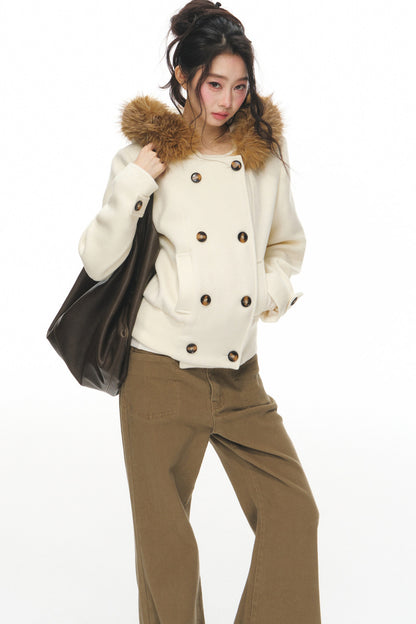 Wool Double-Breasted Fur Collar Coat Set-Up