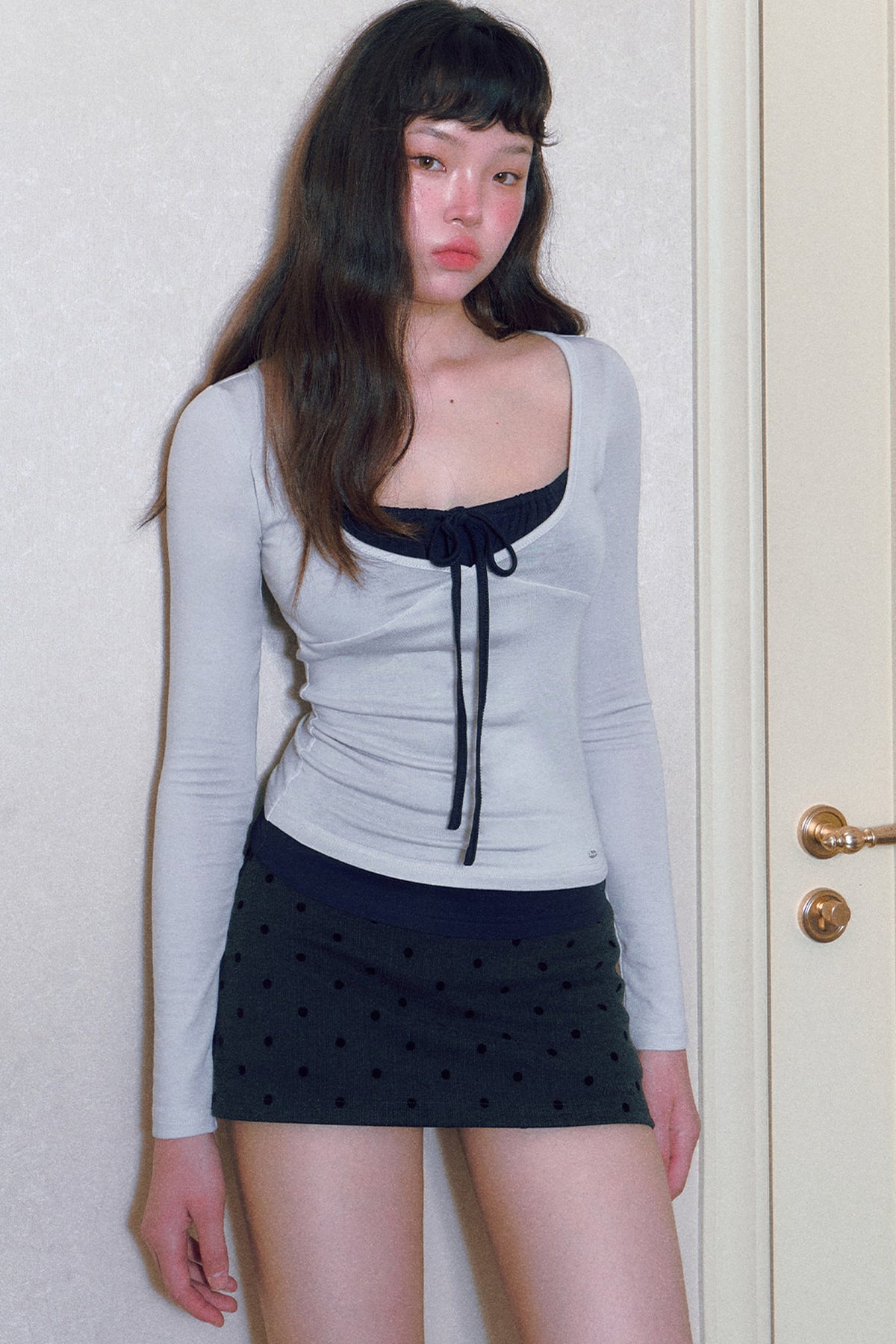 Color-Blocked Tie-Up Long-Sleeve Top and Skirt Set-Up
