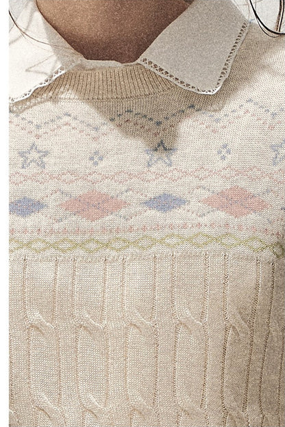 Retro Fair Isle Argyle Short-Sleeve Knit Sweater and Skirt Set-Up