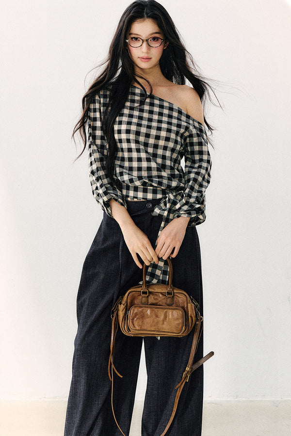 Washed Plaid Tube Top With Bow