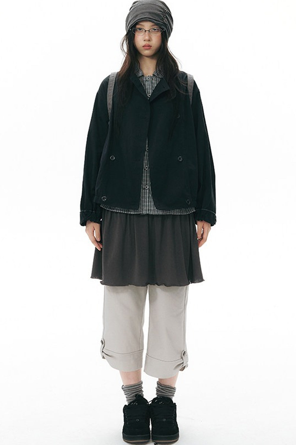 Retro Double-Breasted Workwear Jacket and Skirt Set-Up