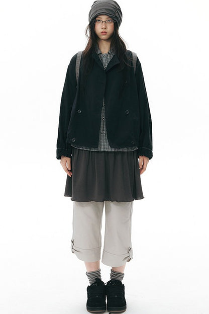 Retro Double-Breasted Workwear Jacket and Skirt Set-Up