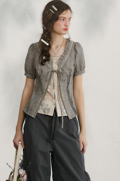 Plaid Lace Vintage Blouse