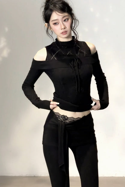 Hollow-Out Off-Shoulder Diamond Knit Top