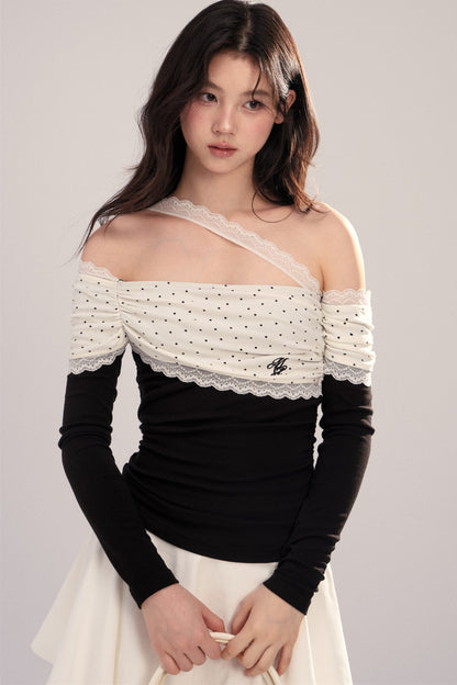 Polka Dot Spliced Lace Off-Shoulder T-Shirt