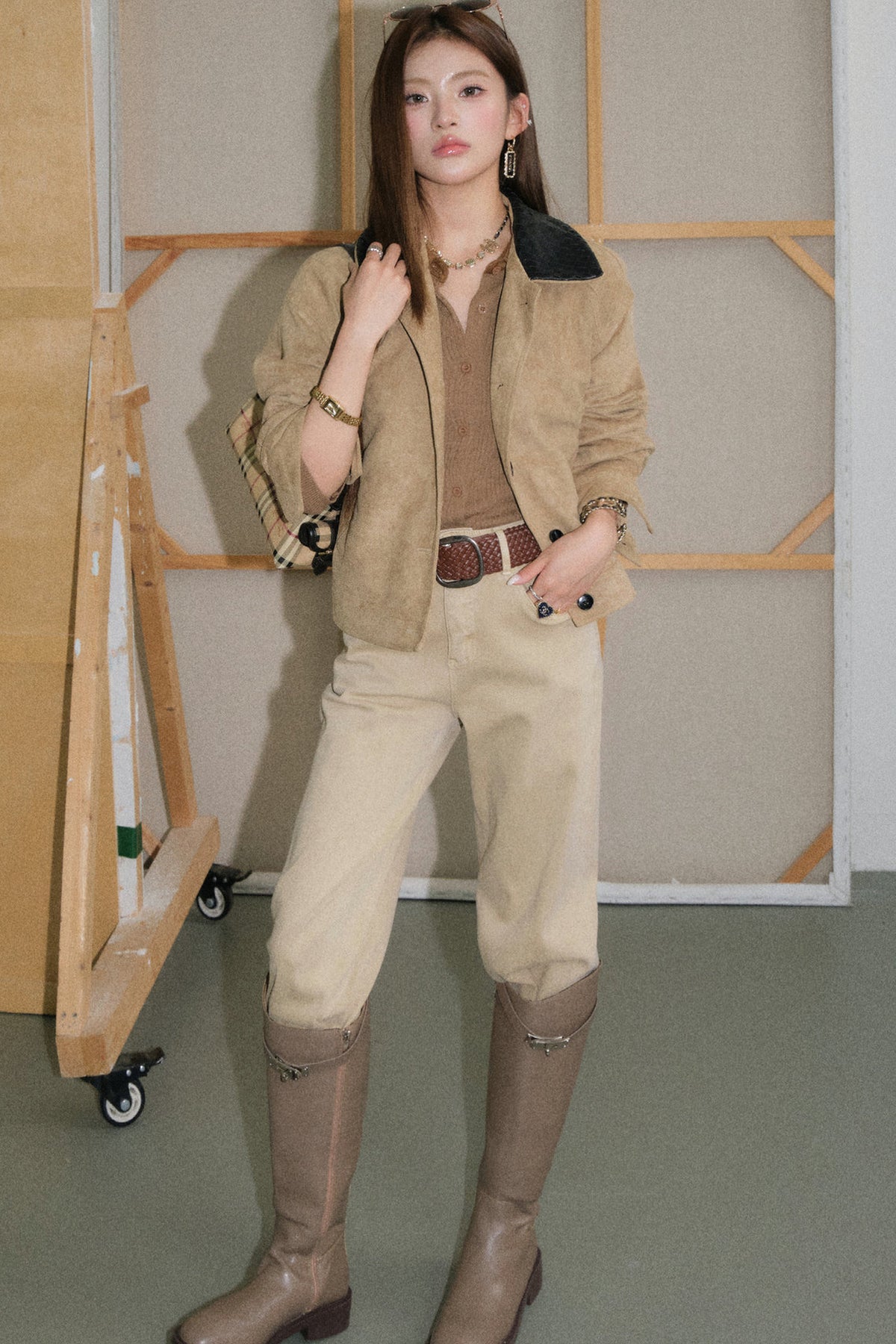 Faux Suede Woven Collar Jacket and Pants Set-Up